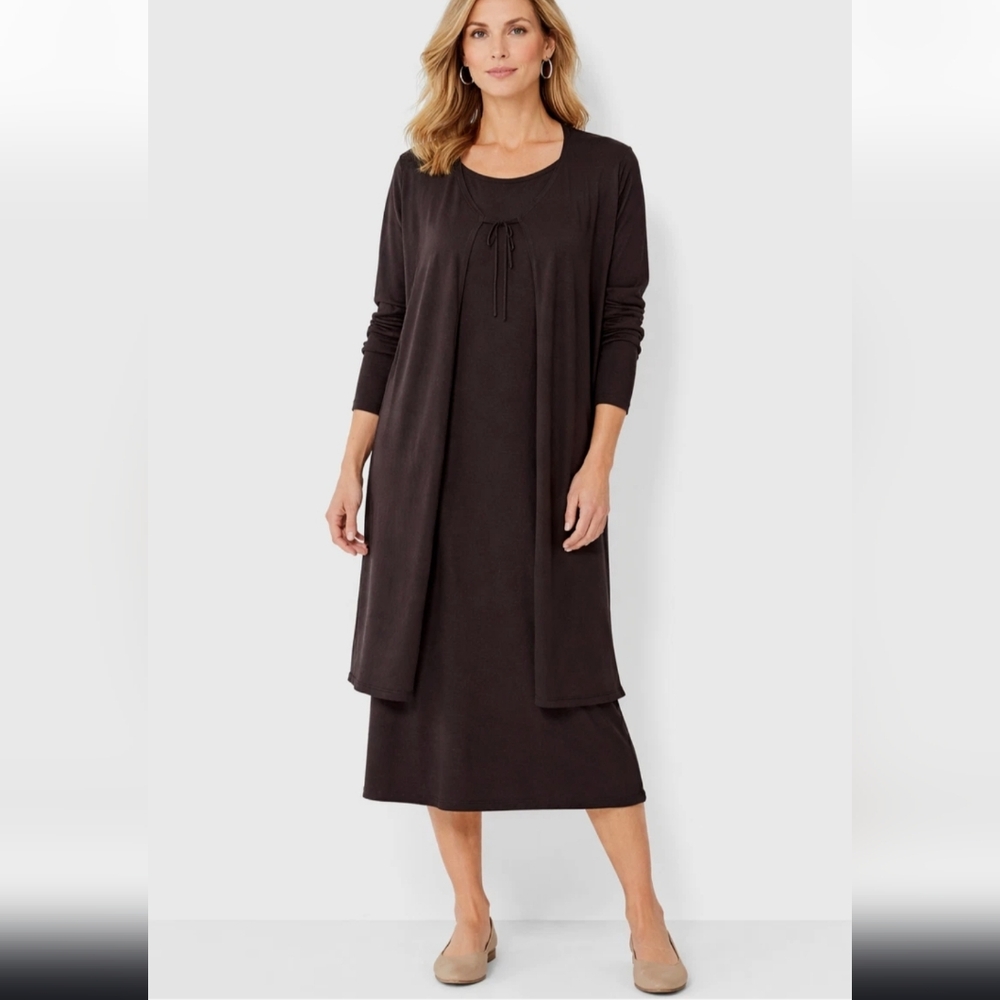 Eileen Fisher Set of 2 Cardigan Dress Sz L 100% Wool Chocolate BrownQuiet Luxury